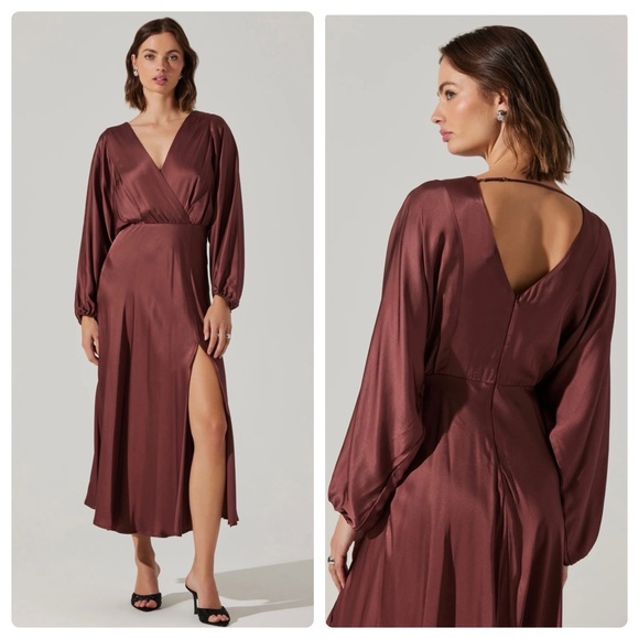 Astr Brown Wrap Midi Dress with Bishop Sleeves - Picture 1 of 16